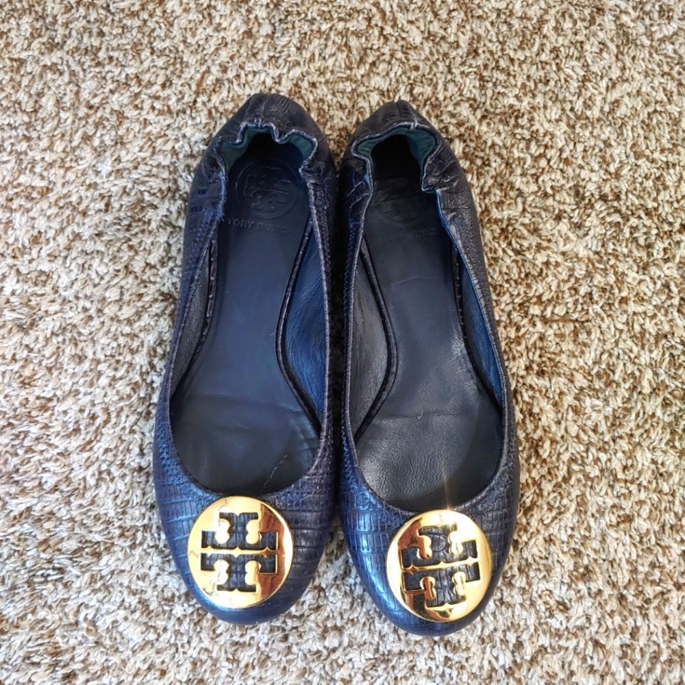 Tory Burch Travel Ballet Flats Women's 7.5 Black Snake Print Leather Gold Logo